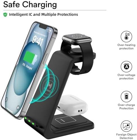 3-in-1 Wireless Charging Station for Apple Devices – Fast Magnetic Charger for i Phone 15/14/13/12/Pro Max/SE/11/XS/XR/8, Apple Watch 9-2, and Air Pods – Streamlined Power Solution for Home and Travel – Sleek, Compact Design for Enhanced Compatibility and Speed