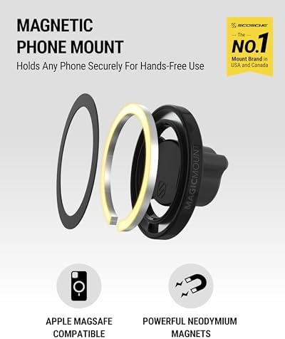 Scosche SMS1 ODVR-1 Magic Mount: 5-in-1 Mag Safe Magnetic Phone Holder for Hands-Free Driving – Versatile Car Vent, Dashboard & Floating Screen Mounts Compatible with i Phone 12-16, Secure Grip & 360-Degree Rotation for Optimal Viewing