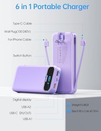 Ultra-Compact 12000 m Ah Power Bank with Built-in Charging Cables & AC Plug – 20 W PD Fast Charging for i Phone, Samsung, Android, USB-C Devices – Travel-Friendly External Battery Pack in Purple – Unmatched Portability and Efficiency for On-the-Go Charging Solutions