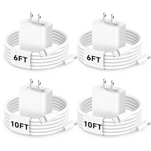 Elevate Your Charging Experience with the 4-Pack USB C Fast Charger Set – 20 W PD Wall Chargers with 6 FT & 10 FT USB C to Lightning Cables for i Phone Models 14/13/12/11/XS/XR/X/SE/8 – Sleek, Travel-Friendly Design for Rapid Power Delivery and Everyday Convenience