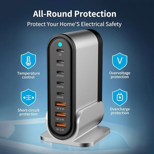 285 W USB-C Fast Charging Hub: Premium 8-Port Power Adapter for Laptops, Tablets, and Smartphones – Ultimate Multi-Device Charging Station for Mac Book, DELL, i Pad, i Phone 16/15/14, Galaxy S23/22 – Streamlined Desktop Solution with Superior Compatibility and High-Speed Performance