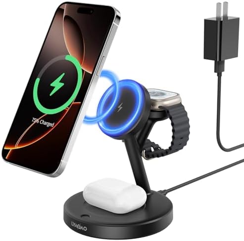 2025 US Edition 3-in-1 Wireless Charging Station for Apple: High-Speed 15 W Mag-Safe Charger Dock for i Phone 16/15/14/13/12, Air Pods, and Apple Watch – Superior Compatibility and Fast Charging Solution