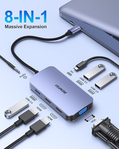 Maximize Your Productivity with the BENFEI 8-in-1 USB C Docking Station: Triple Display Hub Featuring Dual HDMI, VGA, 3 USB 3.0 Ports & 100 W Power Delivery for Effortless Mac Book Pro & XPS Connectivity
