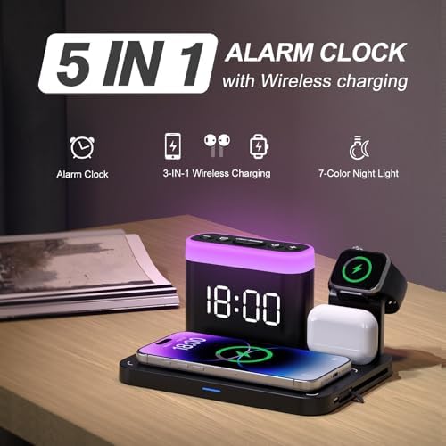 Revolutionize Your Charging Experience with the ANJANK 5-in-1 Wireless Charging Station: Multifunctional Dock for i Phone 16/15/14/13/12 Pro Max, Apple Watch & Air Pods with Adjustable Night Light and Built-In Alarm Clock for Seamless Device Management and Enhanced Ambiance