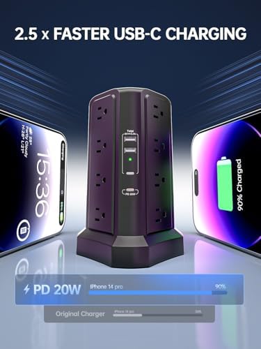 Revolutionize Your Charging Experience: 10 FT Surge Protector Power Strip Tower with 16 Outlets & 4 USB Ports – Efficient Desk Charging Station for Home, Office, or Dorm Room – Ultimate Space-Saving Solution with Robust 1625 W Power Output and Enhanced Safety Features
