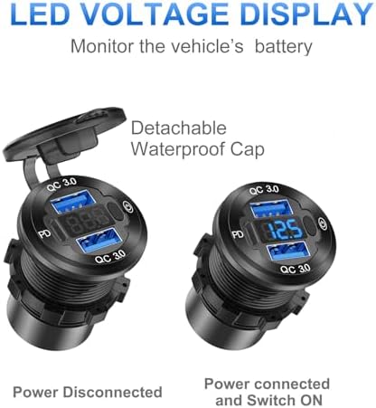 Versatile 12 V USB Car Charger with Dual Quick Charge 3.0 Ports and USB-C Power Delivery Socket for Boats, Trucks, and RVs – Reliable Voltmeter Switch for Optimal Charging Performance and Enhanced Device Compatibility