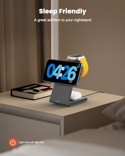 GEEKERA 3-in-1 Foldable Wireless Charging Station for Apple Devices – Fast Charge Your i Phone 16/15/14/13/12/11 Pro Max, Apple Watch Ultra/10/9/SE/8/7/6/5 & Air Pods Pro/4/3/2 with Travel-Friendly Design – Ultimate Multi-Device Charging Solution for Home & On-the-Go Efficiency
