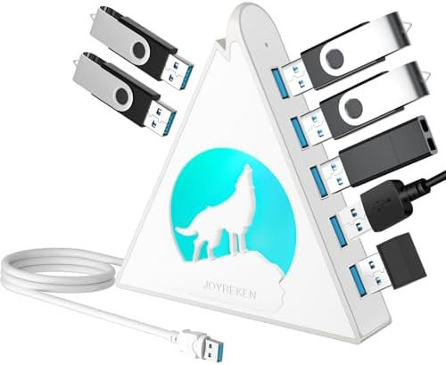 Elevate Your Connectivity Game with the Joy Reken 7-Port USB 3.0 Hub – High-Speed Data Transfer, Vertical Design with RGB Lighting, Ideal for PC, Mac, Laptop, PS5, Xbox, and More – 5 Gbps Performance with 2 FT Extension Cable for Optimal Placement and Style