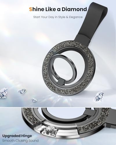 Tycamp Mag Safe-Compatible Glitter Phone Grip Ring Holder Stand for i Phone 16/15/14/13/12 Series – Stylish Magnetic Phone Accessory with Removable Rotating Design for Enhanced Grip and Glam Appeal in Black – Secure Attachment for Selfies, Texting, and Viewing