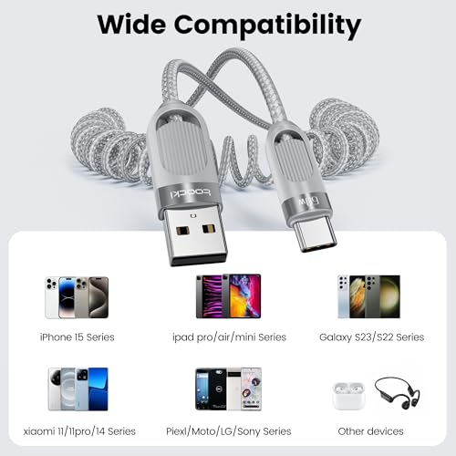 Coiled USB A to USB C 2Pack 3FT Braided Retractable Fast Charging Cable for Car, Compatible with iPhone 16/15 Pro Max/Galaxy S24/S23/S22, Supports Car Play & Android Auto-Black – Enhanced Compatibility and Speed