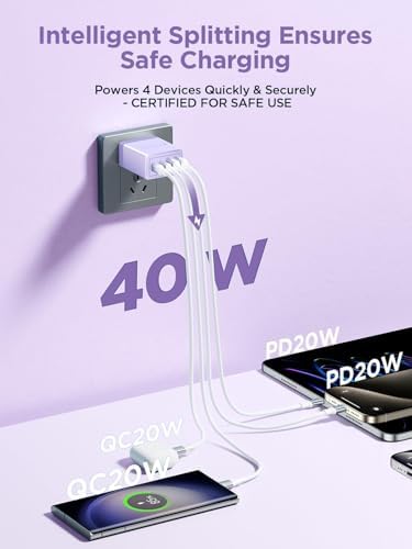 Aioneus 40 W USB C Fast Charging Block – 4-Port Dual PD & QC Wall Charger for i Phone 11-16, i Pad & Samsung Devices – Compact, High-Performance Power Adapter with Enhanced Safety Features for Home & Travel
