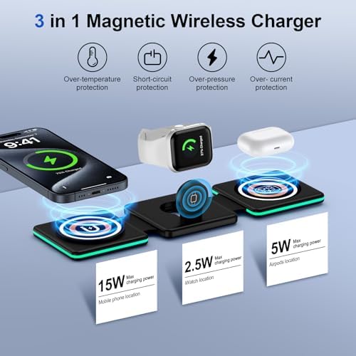 Ultimate 3-in-1 Magnetic Wireless Charging Station for i Phone, Air Pods, and Apple Watch – Foldable Travel Dock with Fast Charging for i Phone 15/14/13/12 Pro/Max/Mini/Plus, Air Pods Pro/3/2, and All Watch Series – Compact, Efficient, and Stylish Power Solution for On-the-Go Users