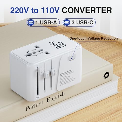 Compact 220 V to 110 V Power Converter with 4-Port USB Charging Hub – Essential Multi-Region Travel Adapter for Seamless Global Connectivity – Lightweight and Stylish White Design for US, UK, EU, and AU Travelers – Enhanced Safety Features for Device Protection