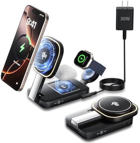 Revolutionize Your Charging Routine with the 3-in-1 Magnetic Wireless Charger Station for Apple Devices – Foldable Design, Integrated Night Lamp, and Mag Safe Compatibility for i Phone 16/16 Pro/16 Pro Max/15/14/13/12, Air Pods, and Apple Watch (Sleek Black Finish) – Ultimate Convenience and Enhanced Speed for Modern Users