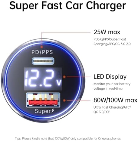 Ultra-Fast Dual Port One Plus Car Charger – 100 W PD Adapter with 2 Durable Cables for One Plus 13, 12, and More – Universal Compatibility with Samsung & i Phone – Compact Travel Essential for Rapid Charging on the Go – Built-in Safety Features for Overheating Protection