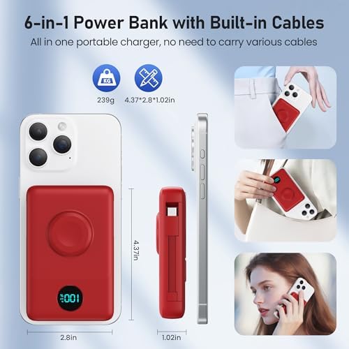 Revolutionary Magnetic Portable Charger for i Phone – 6-in-1 Power Bank with 10,800 m Ah Capacity, Built-in Cables, Apple Watch Charger, and LCD Display – 25 W PD Fast Charging for i Phone 16/15/14/13/12 and Mag Safe Compatibility – Ultimate On-the-Go Charging Solution