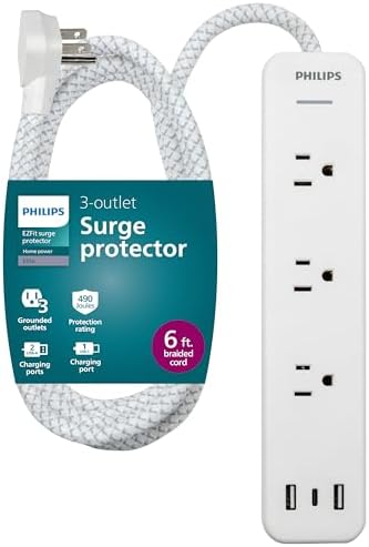 Philips EZFit Surge Protector with 3 Outlet Power Strip and 6 ft Braided Cord – Enhanced Charging Station Featuring 2 USB-A and 1 USB-C, 490 Joules of Surge Protection, Space-Saving Design in Sleek White for Home and Office Use