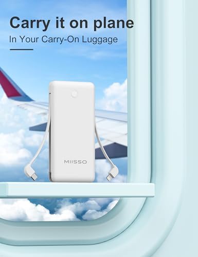 miisso 10000 m Ah Ultra-Slim Portable Power Bank with Integrated Charging Cables – Multi-Device USB-C Travel Charger for i Phone & Samsung – Compact, Lightweight Battery Pack Designed for Maximum Portability and Efficiency