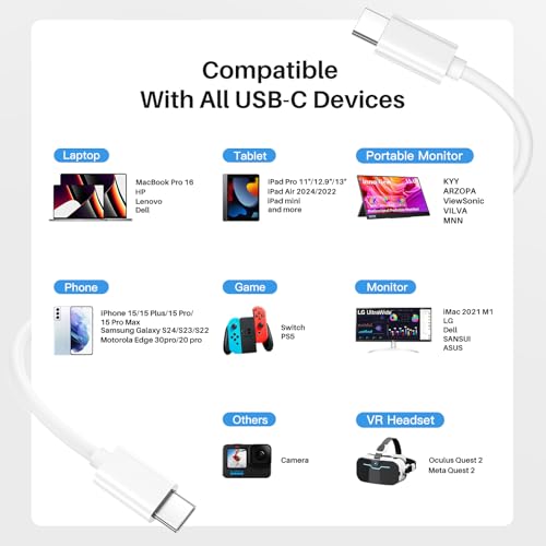 Long USB C Monitor Cable 10FT, 4K@60Hz Video Output 100W PD Charging, 20Gbps Data Transfer, Long USB C 3.2 Gen 2×2 Cable for MacBook, iPad, Dell, LG, ARZOPA, KYY for Portable Monitor – Enhanced Compatibility and Speed