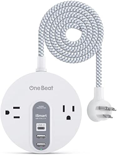 Compact Power Strip Surge Protector with USB-C Charging – 5 ft Flat Plug Extension Cord Featuring 2 AC Outlets & 3 USB Ports for Home, Office, and Travel – 490 J Surge Protection for Safe Device Charging and Efficient Organization