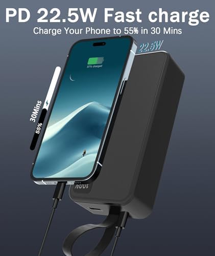 30000 m Ah Portable Power Bank – High-Capacity Fast Charger with Dual Built-In Cables for i Phone 15/14/13, Samsung Galaxy, and i Pad – 22.5 W PD QC4.0 Quick Charge Technology – Sleek Black Design for On-the-Go Charging