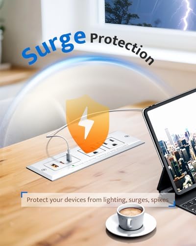 Sleek Recessed Power Strip with 20 W USB-C Fast Charger & USB-A Port – Space-Saving Desk Outlet for Effortless Device Charging, 6 ft Cord & 45° Slim Plug for Easy Access in Furniture – Ideal for Home Office and Conference Rooms