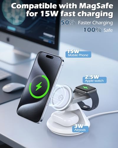 Ultimate 3-in-1 Mag Safe Charging Station: 15 W Fast Wireless Charger with 360° Rotating Dock for i Phone 16/15/14/13/12, i Watch, and Air Pods – Enhanced Magnetic Alignment, Anti-Slip Design, and Dual Orientation Stand for Seamless Charging Experience