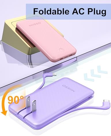 miisso Ultra Slim 10000 m Ah Portable Power Bank with Built-in Cables and Foldable Wall Plug – Compact USB-C Charger for i Phone, Samsung, i Pad & More – Perfect Travel Companion for On-the-Go Charging Efficiency