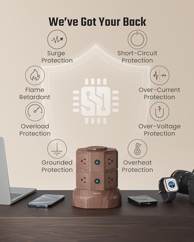 Revolutionize Your Charging Setup with SUPERDANNY Power Strip Tower – 15 W Wireless Charger, 6.5 Ft Retractable Cord, 1050 J Surge Protection, 8 Outlets & 4 USB Ports (2 USB-C) for Ultimate Home and Office Versatility