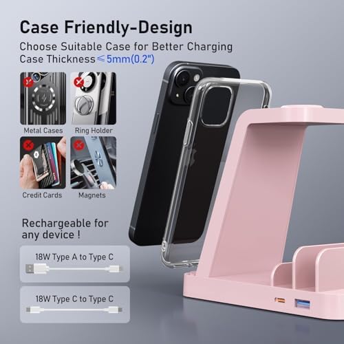 Sleek Pink 5-in-1 Wireless Charging Station for Samsung Devices – Fast Charge Your Galaxy Watch Ultra 7 6 5 4 3, Galaxy S25 S24 Ultra S23 S22 S21, Note 20 10, Z Fold & Buds – Ultimate Convenience and Style for Home or Office Use