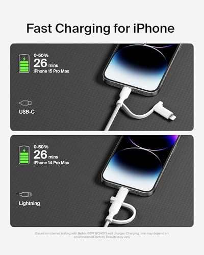 Belkin Boost Charge 2-in-1 Braided USB-C & Lightning Charging Cable (1.5 M) – Fast Multi-Device Charging Solution for i Phone, i Pad, Mac Book, Galaxy, and Nintendo Switch – Durable & Stylish Design with Enhanced Compatibility