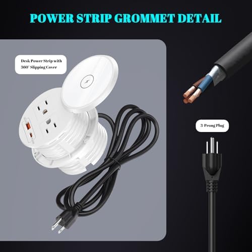 Recessed 20 W USB-C Power Grommet with 15 W Wireless Charger – Sleek Desk Power Strip Featuring 2 AC Outlets, 18 W USB-A Port, and 6 FT Cord for Ultimate Convenience in Home and Office Environments – Ideal for Efficient Charging and Enhanced Productivity