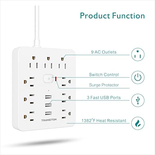 Ultimate Power Strip Surge Protector with 9 Outlets & 3 USB Ports – Fireproof Desktop Charging Hub with Space-Saving Flat Plug for Home & Office, 5 ft Extension Cord, Enhanced Safety & Speed for All Devices