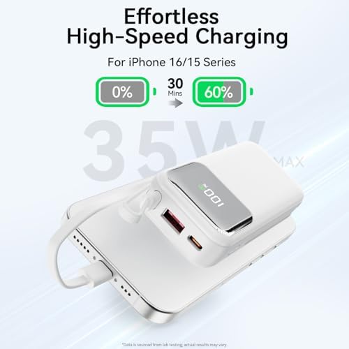 10,000 m Ah Portable Power Bank with Integrated USB-C Cable – Ultra-Fast Charging Solution for i Phone 16/15, Mac Book, Galaxy, i Pad & Air Pods – Your Essential Travel Power Companion with Superior Device Compatibility and Speed
