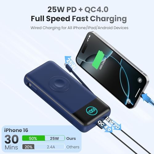 26800 m Ah Ultra-High Capacity Portable Charger with Built-in Cables & AC Wall Plug – 6-in-1 USB-C Power Bank for Fast Charging of i Phone 16/15/14/13/12, Android Devices & Apple Watch – Charge 5 Devices at Once with 25 W PD & Quick Charge Technology – Ideal for Travel, Camping, and Daily Use – Advanced Safety Features for Optimal Performance