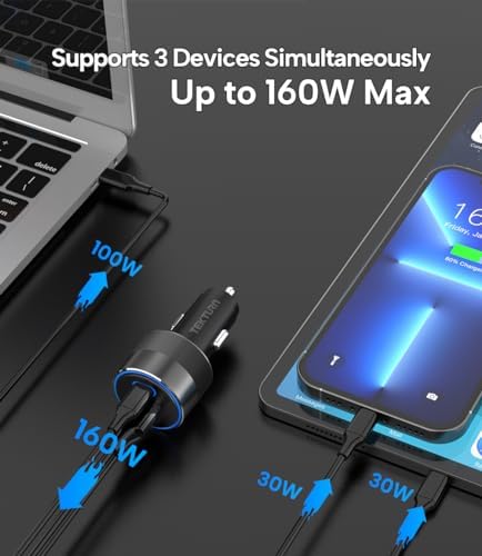 160 W Multiport Car Charger with 100 W E-Mark Cable – Super Fast Charging for i Phone 16/15/14/13, Samsung S25/S24/S23, i Pad, Mac Book & More – Ultimate Compatibility and Efficiency for On-the-Go Power Needs