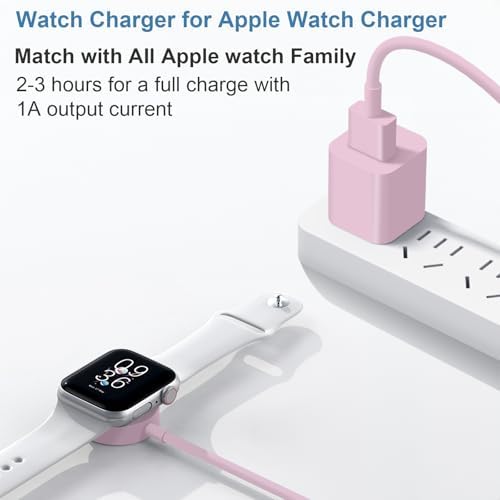 Chic 3.2 FT Wireless Fast Charger for Apple Watch – Effortless Charging Solution with Stylish Pink Design, Compatible with All Series 1-10, Includes Wall Plug for Ultimate Portability and Quick Power-Ups for Active Lifestyles