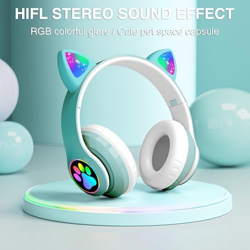 Playful Cat Ear Bluetooth Headphones for Kids – Foldable Over-Ear Design with LED Lights, Safe Listening Volume Control, Built-in Microphone, and Multi-Device Connectivity – Ideal for Music, Movies, and Gaming on i Phones, i Pads, Smartphones, and More!