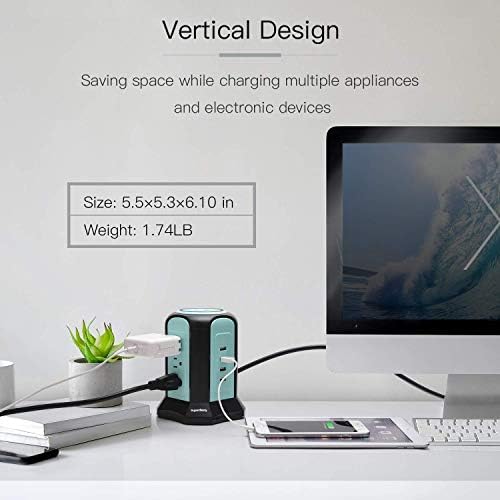 Maximize Charging Efficiency with SUPERDANNY 10 ft Power Strip Tower – 9-Outlet Surge Protector & 4 USB Ports, Featuring Wireless Charging for Seamless Device Management, Perfect for Home & Office Use in Elegant White and Gray Design