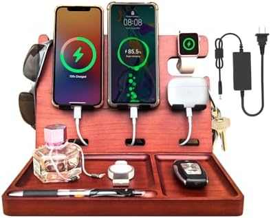 Wooden USB Charging Station for Multiple Devices – Fast Charging Dock with QC3.0 & PD 22.5 W Type-C for i Phone, Samsung, Google Android, Smartwatch, and Earbuds – Perfect Gift for Tech-Savvy Men – Stylish Organization & Enhanced Compatibility
