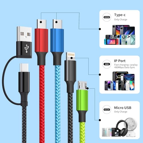 Versatile 4-in-1 Nylon Braided Charging Cable – 2 Pack, 5 FT Length, Fast Charging Universal USB Cable for Lightning, USB-C, and Micro USB Devices, Optimized for High-Speed Connectivity and Enhanced Durability, Ideal for Phones, Tablets, and More