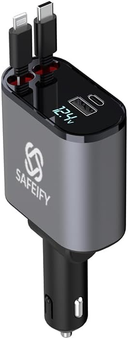 Advanced 4 in 1 Retractable Car Charger with Dual Cables for Fast Charging: Compatible with i Phone 11-15, i Pad, and Samsung Galaxy S22/S23 – Compact Design for Tangle-Free Convenience and Enhanced Device Compatibility