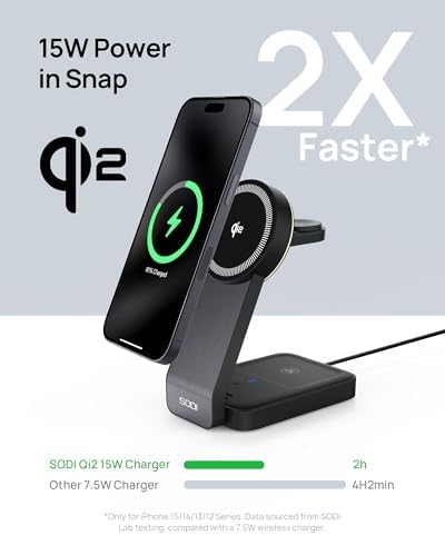 SODI Qi2-Certified 3-in-1 Foldable Wireless Charging Station with Adjustable Night Light – Fast Travel Charger for i Phone, Android, Apple Watch & Air Pods, Sleek Multi-Device Nightstand Charger for Effortless Power Management and Enhanced Compatibility