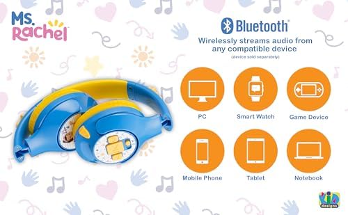 Ms. Rachel’s Kids Bluetooth Headphones – Fun and Safe Toddler Headset with Built-in Music for Instant Entertainment – USB-C Rechargeable Design for Quick Power-Ups and Volume Limiting Feature for Ear Safety