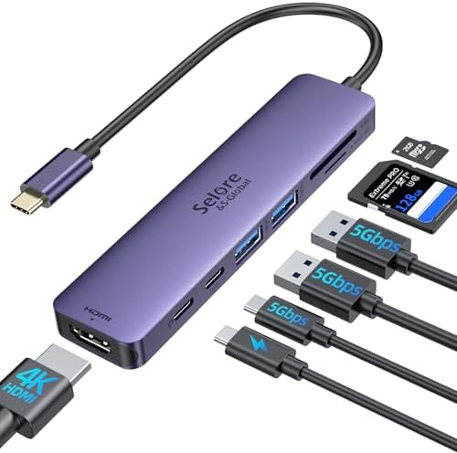 Ultimate 7-in-1 USB C Hub HDMI Adapter for Mac Book Pro & Air – High-Speed 4 K HDMI, Dual USB 3.0, SD/TF Card Reader, and 100 W Power Delivery – Compact and Durable Dongle for Seamless Connectivity with Dell XPS & Lenovo Think Pad