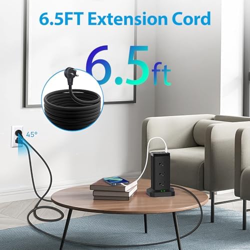Maximize Workspace Efficiency with the BEVA Surge Protector Power Strip Tower – 12 AC Outlets & 4 Fast-Charging USB Ports, 6.5 FT Extension Cord for Optimal Device Organization and Safety in Office and Home Settings