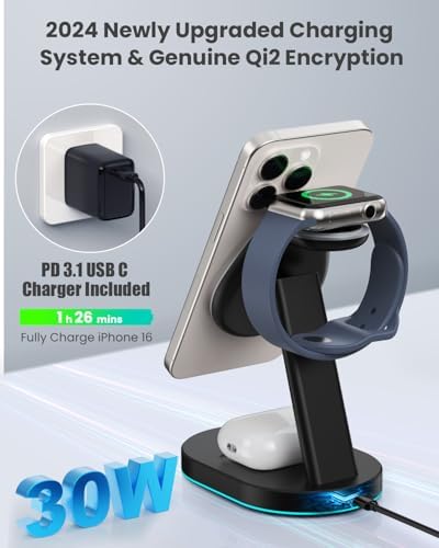 Ultimate 3-in-1 Wireless Charging Station for i Phone, Apple Watch, and Air Pods – Qi2 Certified 15 W Magnetic Charger with 30 W USB-C Adapter & Integrated Night Light – Streamlined Design for i Phone 16/15/14/13/12 – Superior Speed and Enhanced Compatibility for Modern Tech Users