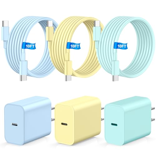 Ultra-Fast 60 W USB Type-C Charger Cable 3-Pack – 10 FT Length for i Phone 16, 15, Samsung Galaxy S25/S24/S23/S22, i Pads & Mac Books – Vibrant Purple, Blue & Green Colors for Enhanced Style and Flexibility – Premium Durability for Reliable Charging on-the-Go