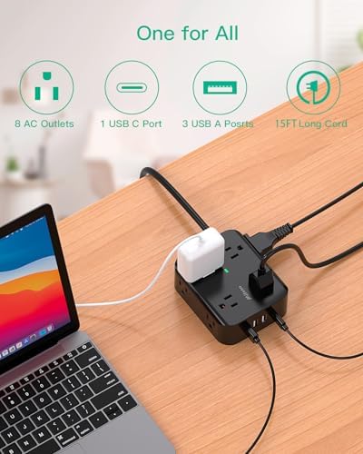 MIFASOPOWER Surge Protector Power Strip – 8 Wide Outlet Charging Station with 4 USB Ports (Including USB-C) and 5 FT Heavy-Duty Extension Cord – Space-Saving Flat Plug Design for Home, Dorm, or Office – Overload Protection & Wall-Mountable Convenience