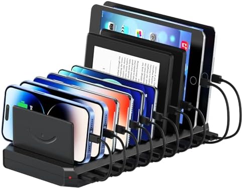 High-Performance 10-Port USB Charging Station Hub with Adjustable Dividers – Fast Charge Multiple Devices Simultaneously for Hotels, Schools, and Travel – Enhanced 60 W Power Output and Universal Compatibility for All Your Devices